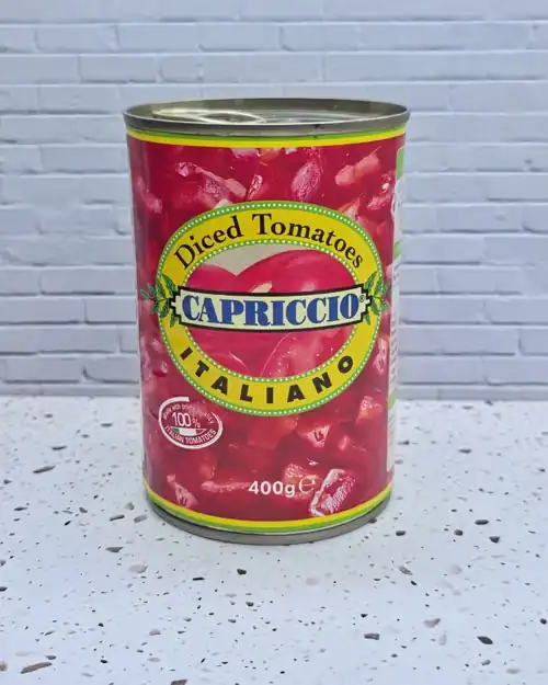 Capriccio Diced Tomato Italiano. Made with 100% Italian tomatoes. Product of Italy. 60% diced tomatoes.