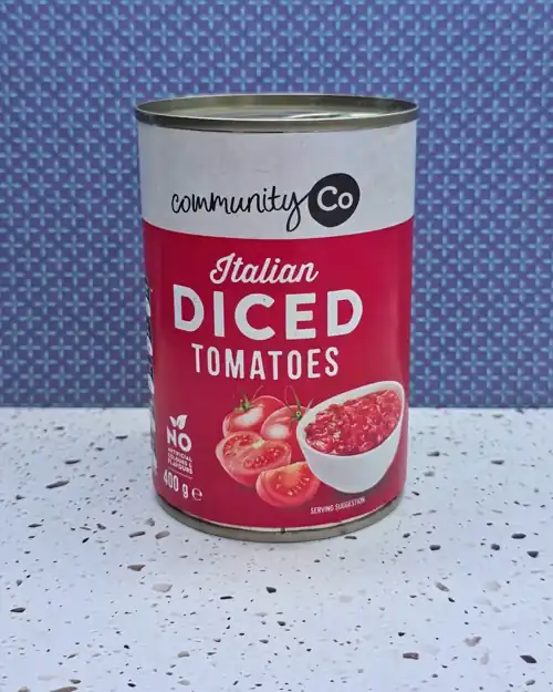  Community Co Italian Diced Tomatoes. No artificial colours and flavours. Made in Italy.