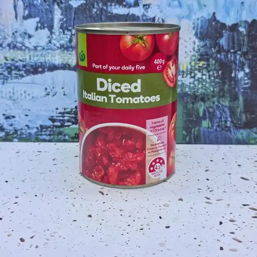  Woolworths Diced Italian Tomatoes. 4.5 Health star rating. Part of your daily five.