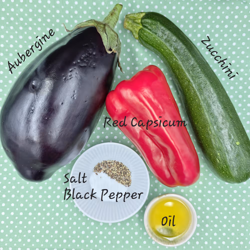 Labelled Ingredients, Aubergine, Red Capsicum, Oil. Zucchini, Salt and Black Pepper