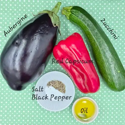 Labelled Ingredients, Aubergine, Red Capsicum, Oil. Zucchini, Salt and Black Pepper