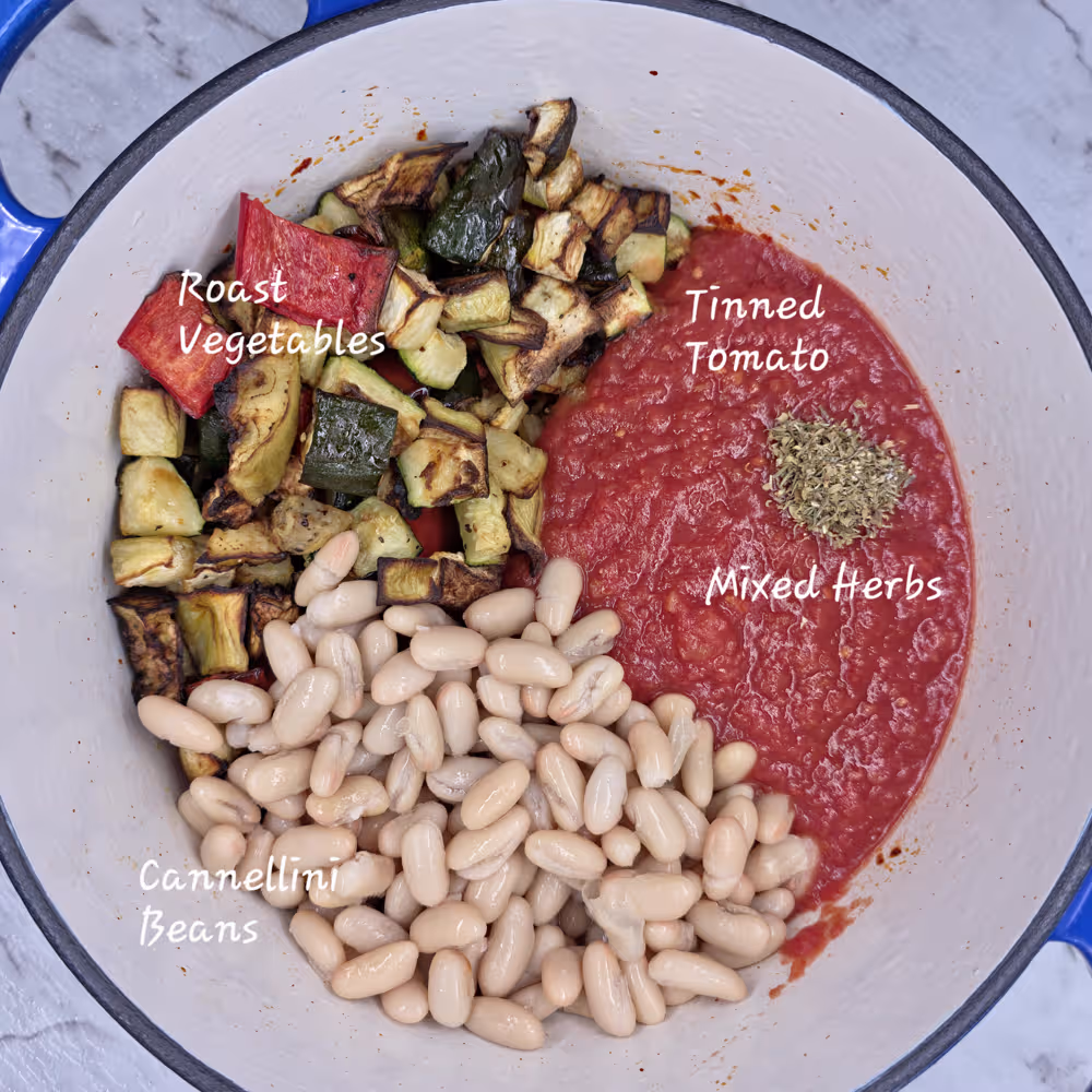 Labelled Ingredients, roasted vegetables, Cannellini beans, Mixed Herbs, Roasting Pot