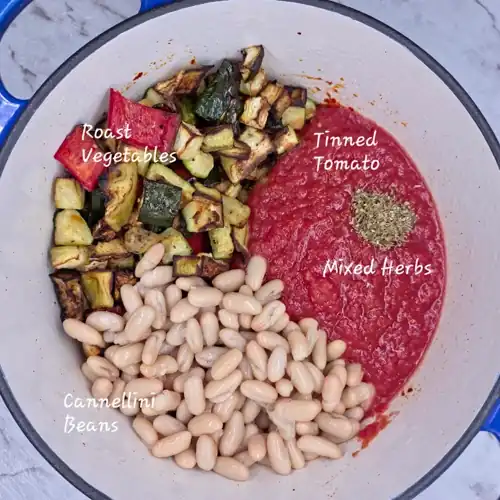 Labelled Ingredients, roasted vegetables, Cannellini beans, Mixed Herbs, Roasting Pot